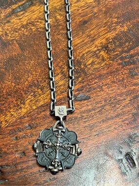 French Kande vintage black medallion silver cross silver necklace HTF style